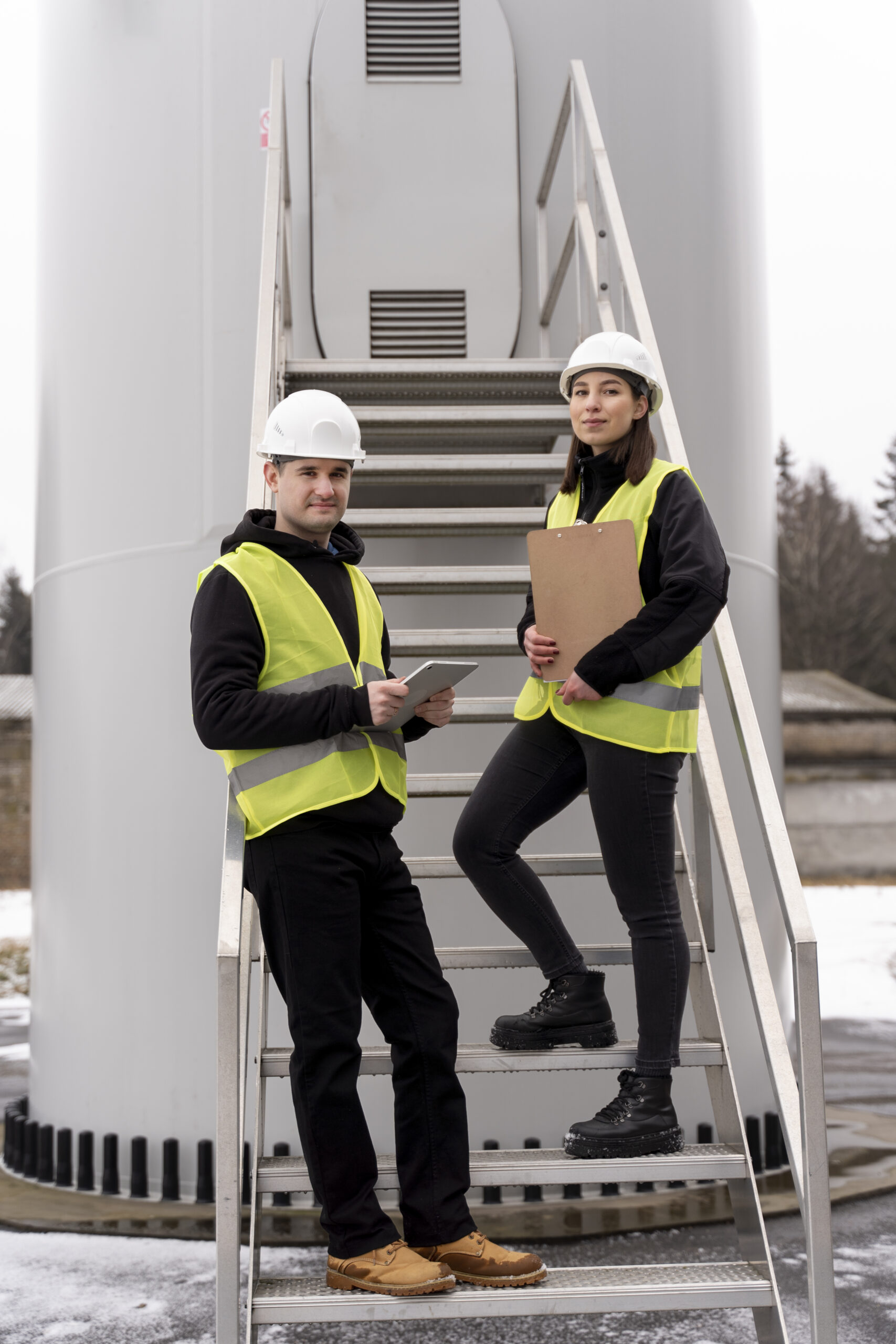 full shot smiley engineers outdoors